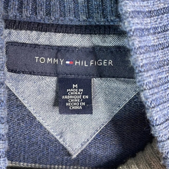 TOMMY HILFIGER Mens Striped Half Zip Sweater Steel Blue Grey Logo Preppy Size M - Picture 8 of 12